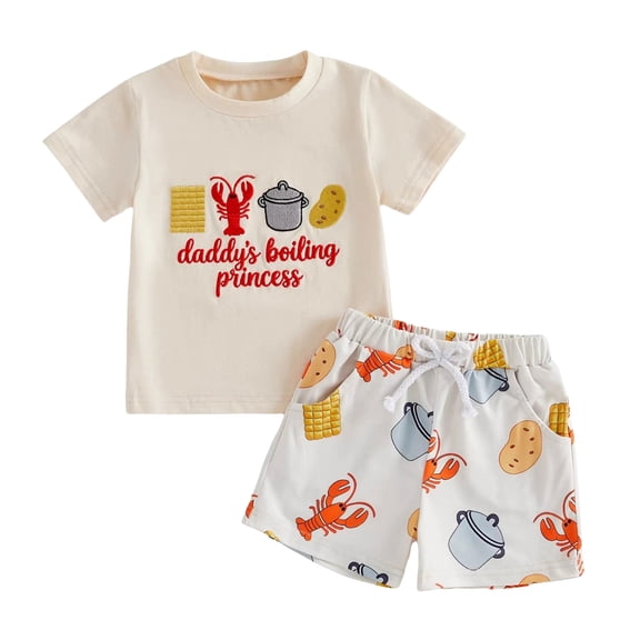 Boys Two Piece Outfits Toddler Baby Boy Shorts Set Seafood Embroidered Short Sleeve T-shirts Plaid Elastic Waist Shorts Summer Clothes
