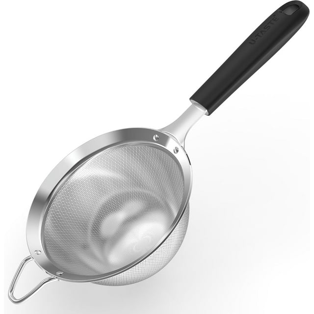U-Taste Medium Fine Mesh Strainer: 18/8 Stainless Steel 4.73in 30 Mesh Kitchen Food Sieve with Sturdy Riveted Silicone Handle, Heavy Duty Deep Handheld Metal Colander for Rice, Quinoa (Black)