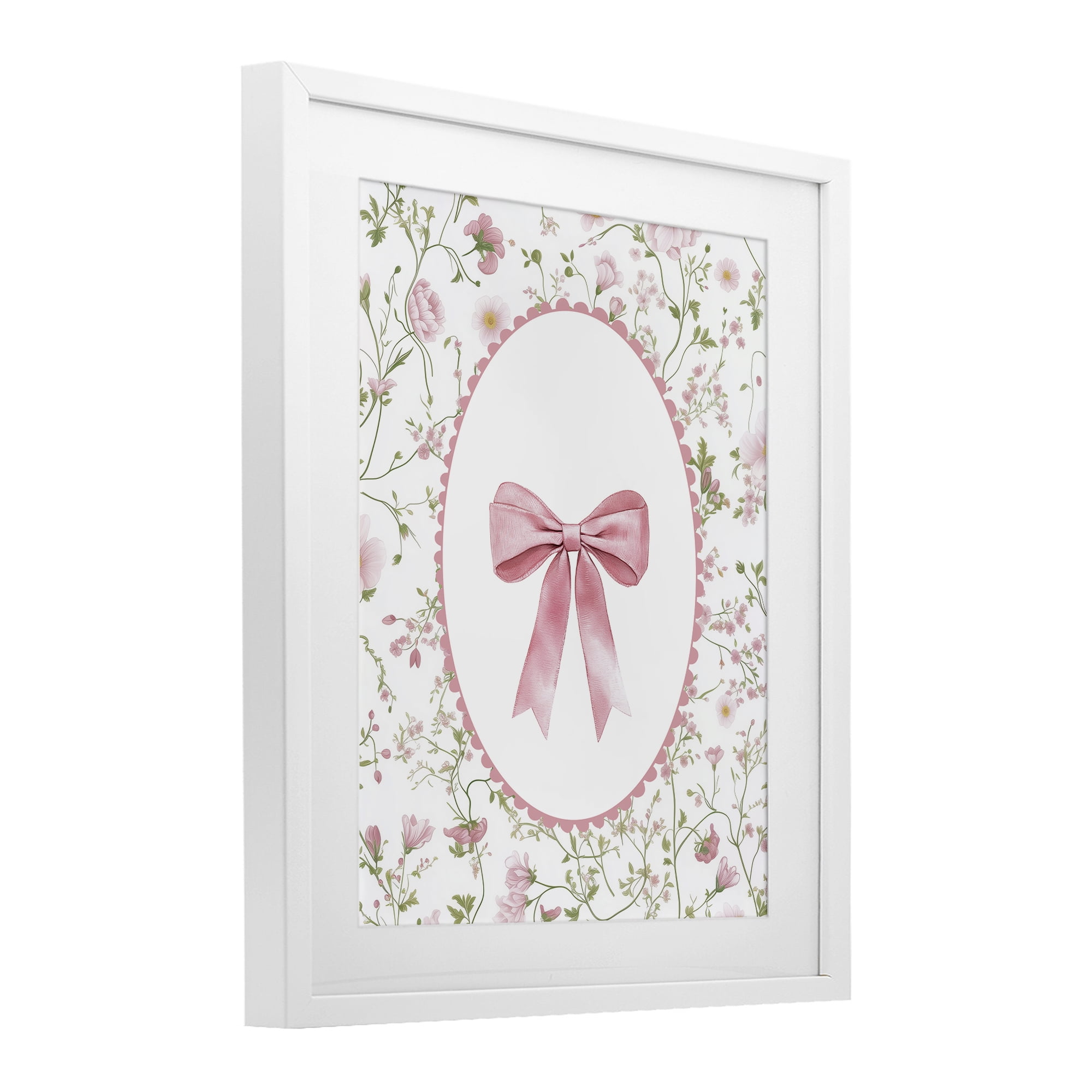 Delicate Florals & Bow White Framed Print Under Glass, design by Christine Simpson Art