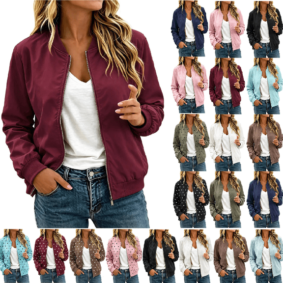 Cmtiyu Zip Up Jackets for Women Long Sleeve Stand Neck Red Jacket Casual Fashion Fall Coat Tops S-2XL