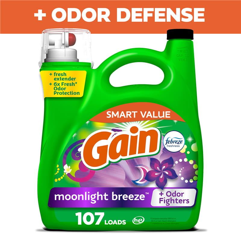 Gain Laundry Detergent Liquid with Odor Fighters, Moonlight Breeze Scent, 154 fl oz, 107 Loads