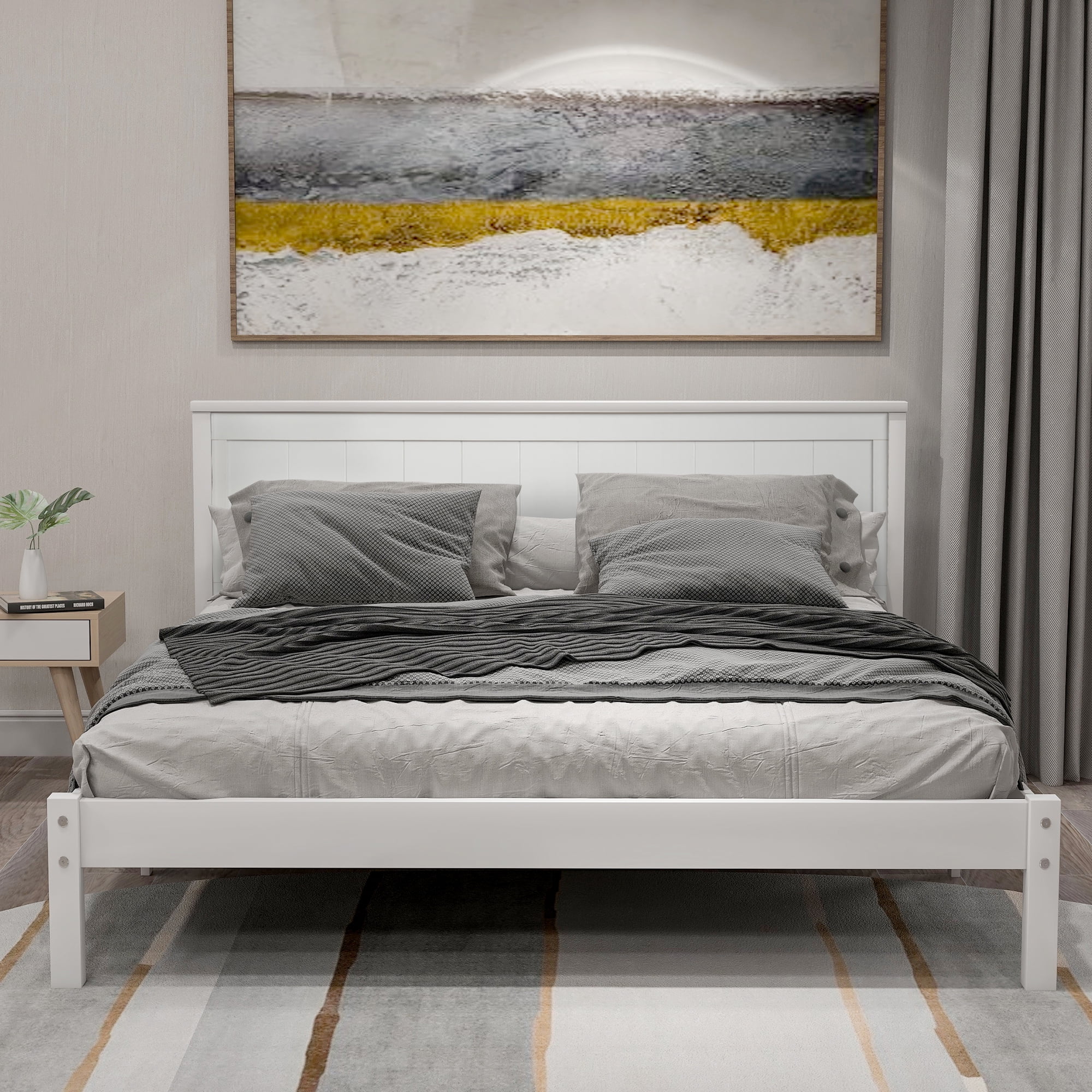 Euroco Full Platform Bed Wood Frame with Headboard and Footboard for Kids Teens, White