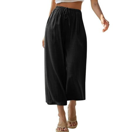 Prdecexlu Cropped Linen Pants Women Wide Leg Baggy Elastic Waist Summer Palazzo Pants Vacation Solid Color Beach Loose Trousers with Pockets Black L