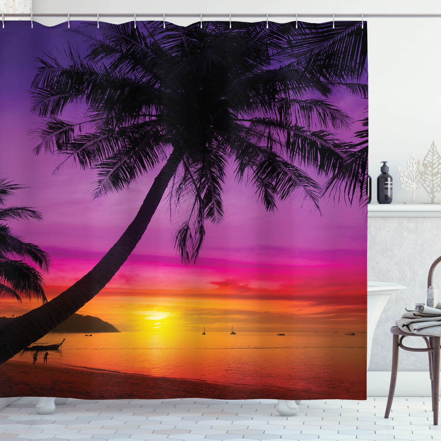 Tropical beach with rocks and palm tree Shower Curtain Bathroom Fabric & 12hooks 