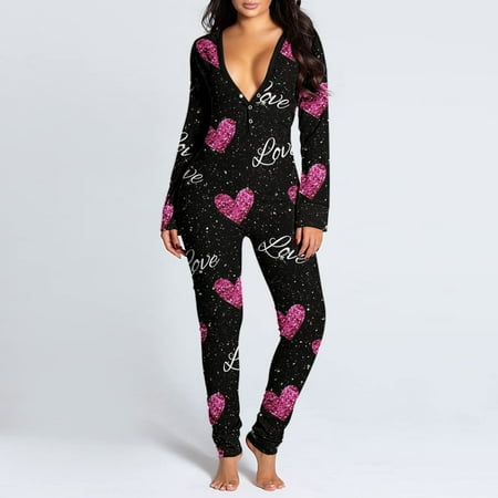 

Womens Onesie Flap Pajamas Love Print Sexy Butt Flap Sleepwear Cute Button Collar Rompers Nightwear Jumpsuit