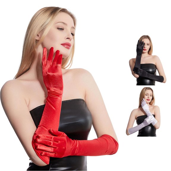 Xijirk Long Black Satin Opera Gloves Elegant formal Evening Party Wedding Stretch Full Finger Gloves Red,One Size