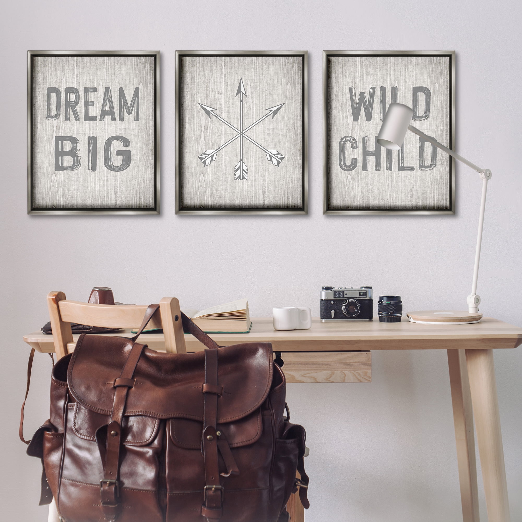 Stupell Industries Dream Big Boho Arrows Text & Numbers Painting Gray Floater Framed Canvas Art Print Wall Art, 25 x 31, Set of 3