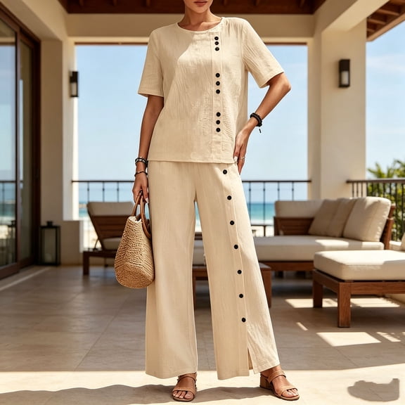 Women Suits 2 Piece Set Womens Solid Color Casual Vacation Linen Outfit Button Short Sleeve Blouse Wide Leg Pants Set Summer Travel Wear Khaki 3XL
