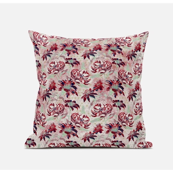 18" Red White Roses Suede Throw Pillow