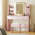 thumbnail image 1 of Vanity Desk with Lighted Mirror, Makeup Vanity Set with Power Outlet, Cushioned Stool, Vanity Table with 6 Storage Shelves, 2 Large Drawers and 3 Color Light Adjustable Brightness, Pink, 1 of 9
