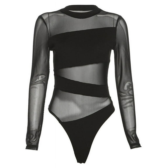 Spring Summer New Fashion Cut Cross Hollow Mesh Jumpsuit Long-Sleeved Thin O Neck Diagonal Black Charming Bodysuit Clubwear