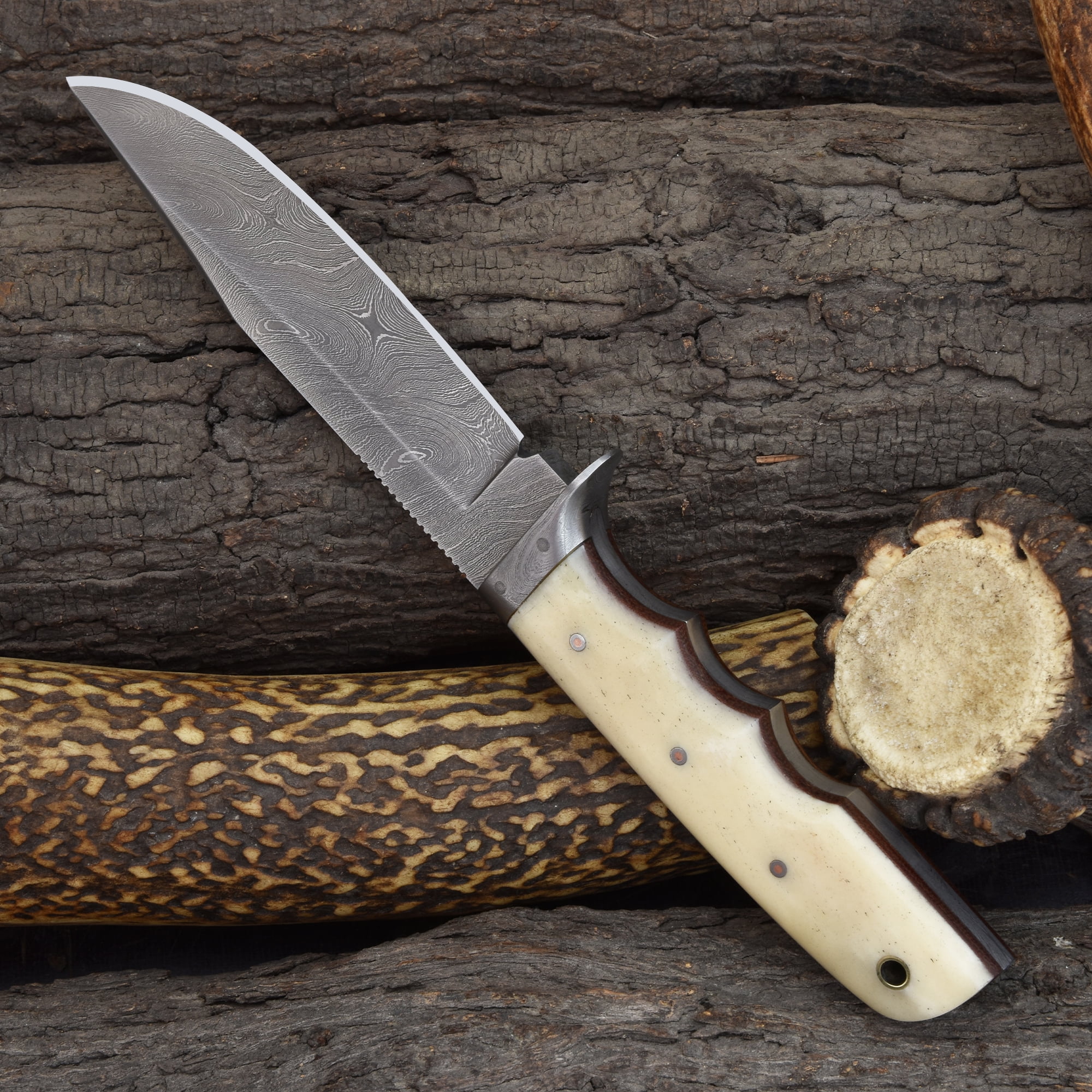 Knives Ranch 2151 Damascus Steel Hunting Knife with Bone Handle – Fixed Blade Utility Knife, Razor Sharp Camping & Outdoor EDC Knife