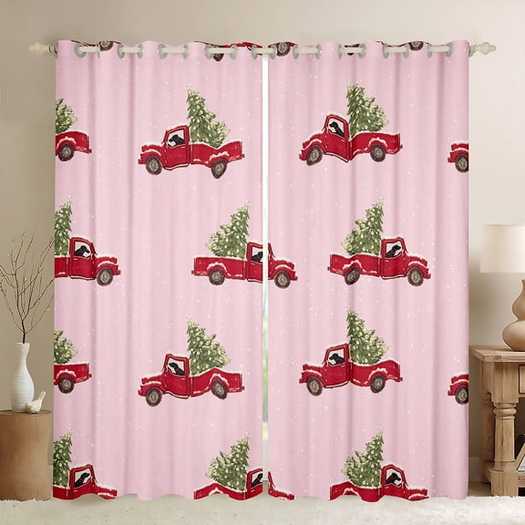 Homewish Farmhouse Xmas Truck Black Out Curtains for Girl, Cartoon Christmas Tree Curtains Pack of 2 (42x63 Each), Kawaii Pink Christmas Bedroom Curtains, Curtains and Drapes Bedroom Decor