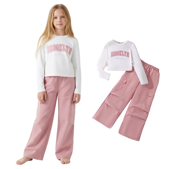 2 Piece Sets for Girls Long Sleeve Letter Print T-Shirt Top and Cargo Pants Set Girls Spring Outfits Girls Outfits 9-10 Years