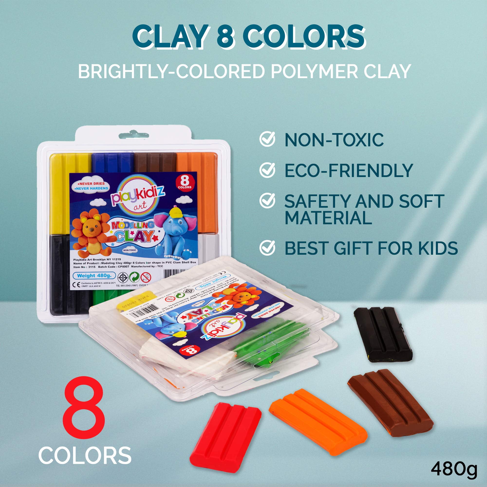 Playkidiz Art Modeling Clay 8 Neon Colors in PVC Clam Shell Box, Beginners  Pack 480 Grams, STEM Educational DIY Molding Set, at Home Crafts for Kids