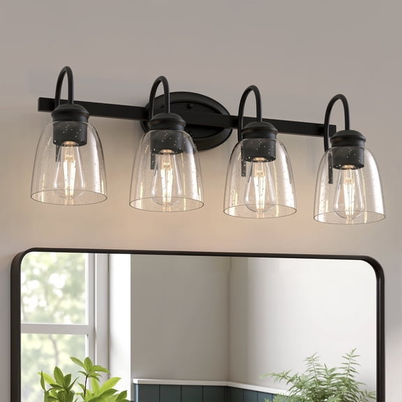 YANSUN 25.2 in 4-Light Matte Black Bathroom Vanity Light with Seeded Glass Shade, Warm Modern KD Diy Wall Light for Bath Mirror Porch