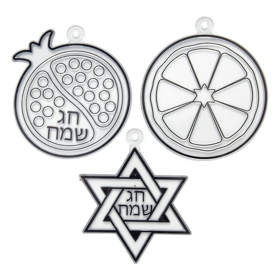 Fun Express 3 1/4" – 3 3/4" x 4" Assorted Sukkot Plastic Suncatchers – 24 Pieces