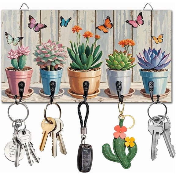 Succulent Plants Key Holder Key Hooks Wall Mounted Wooden Key Racks with 5 Hooks Key Storage Organizer House Key Hanger for Wall Decor Door Entryway Hallway Kitchen New Home Gift colorful