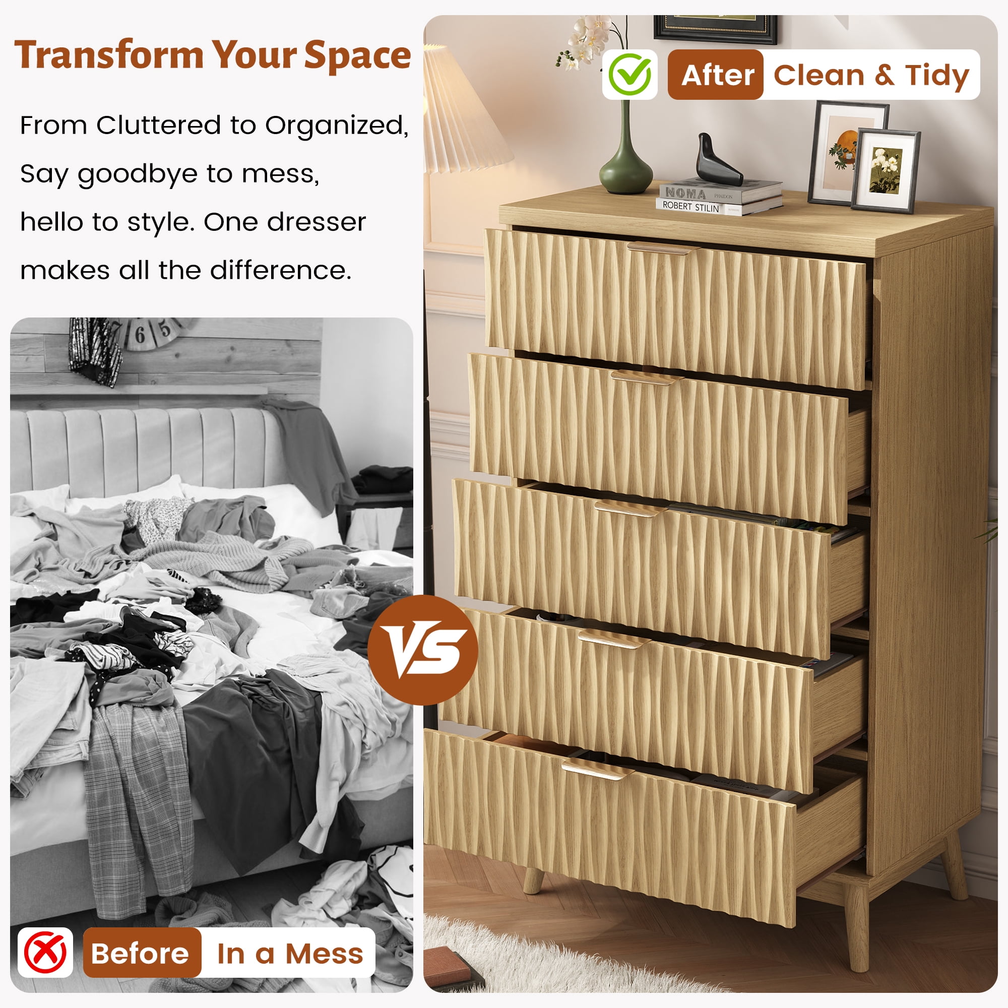 5 Drawers Fluted Dresser for Bedroom, 47" H Modern Chest of Drawers with Elegant Wave Design, Wooden Tall Dresser Closet Clothes Storage Organizer with Metal Handle for Living Room, Hallway, Entryway