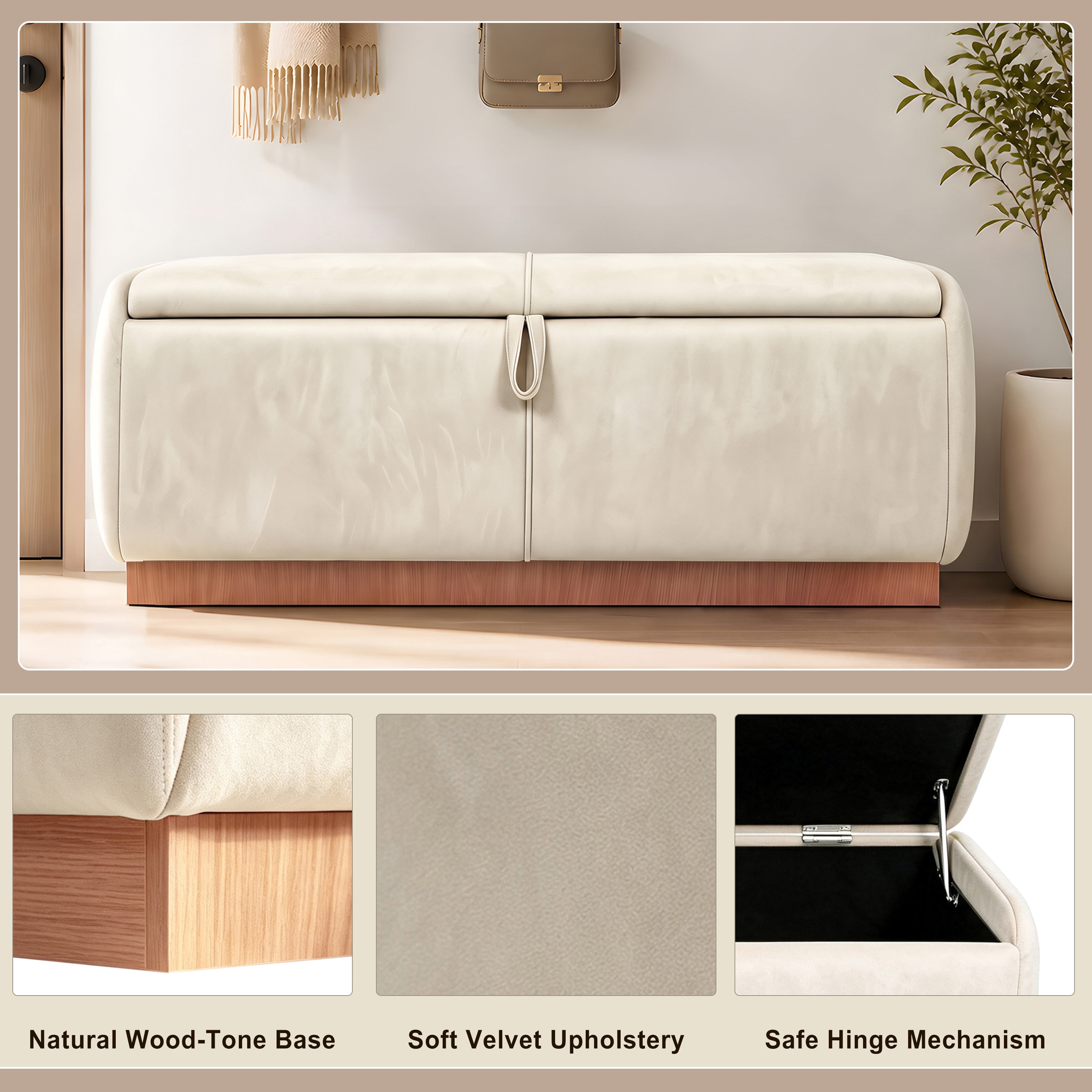 Euroco 47.2" Storage Ottoman Bench,Upholstered Footrest Entryway Bench, End of Bed Bench for Living Room Bedroom,Beige
