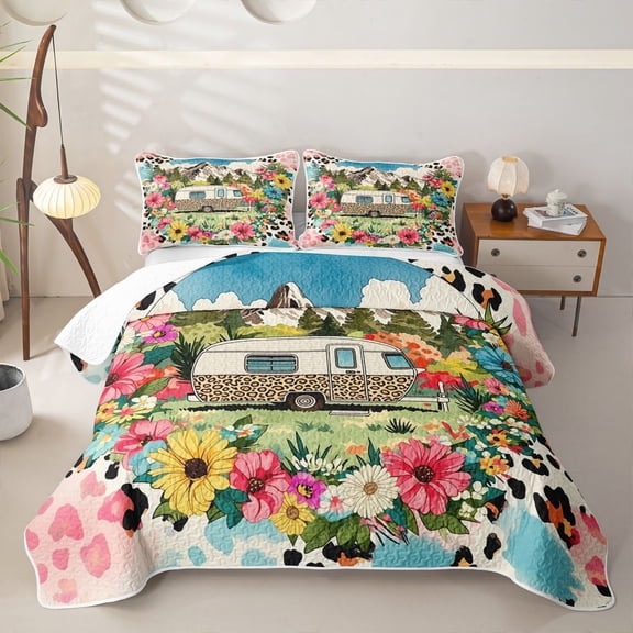 Castle Fairy Floral Camper Twin Quilt Set for Girls,Mountain Art Twin Coverlet Set for Bedroom,Pink Green Beige
