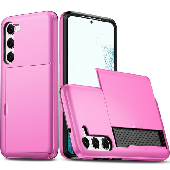 For Galaxy S22 Case Wallet with Slide Card Holder Slot Slim Dual Layer Heavy Duty Shockproof Hard PC Hybrid TPU Phone Case Flip Protective Cover for Samsung Galaxy S22, Pink