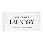 Self Service Laundry White Tile 10 x 5 Wood Tabletop Sign Plaque