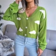 thumbnail image 2 of Osfvolr Women'S Casual Elegant Cloud Print Cropped Button Front Long Sleeve V Neck Knit Cardigan Green M, 2 of 8