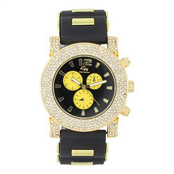 Classic Bullet Rubber Blinged Out Hip Hop Watch w/a Touch of Casual Sporty Colorful Faux Chrono 3 Eyes - Playful MF Iced Out Watch on The House Dance Floor - ST10248 Black/Blk-Yellow Eyes
