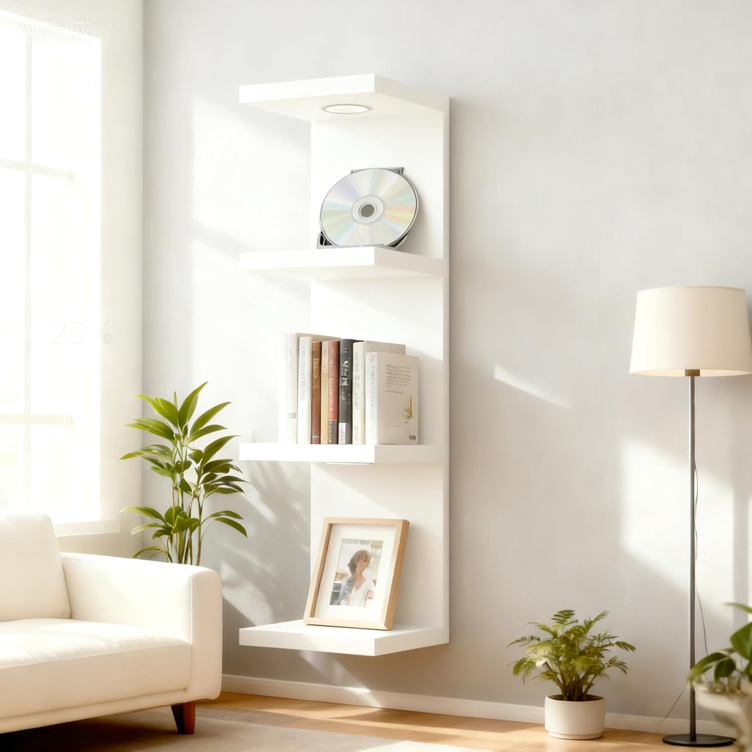 4 Tier Wall Shelf Unit White Floating Shelves with LED Lights, Versatile Organizer for Home Decor Books