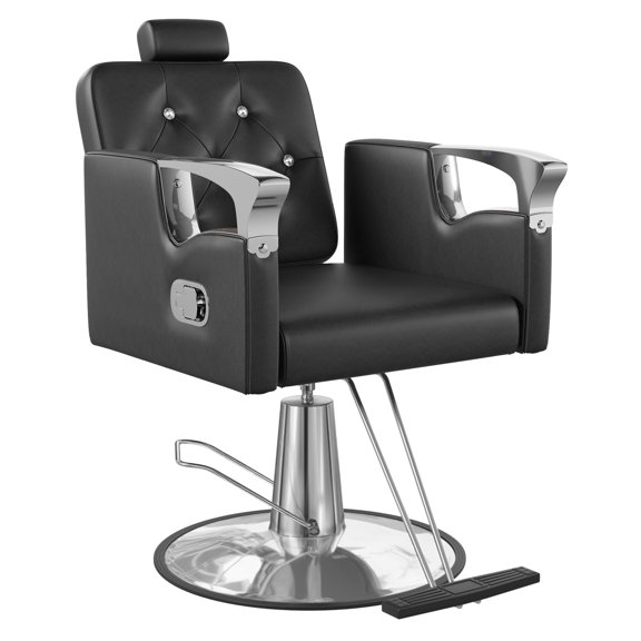 KIGOTY 360° Swivel Barber Chair, Reclining Salon Chair for Barbershop, Height Adjustable Hair Chairs, All Purpose Styling Chair with Hydraulic Pump, Spa Equipment, Black Silver