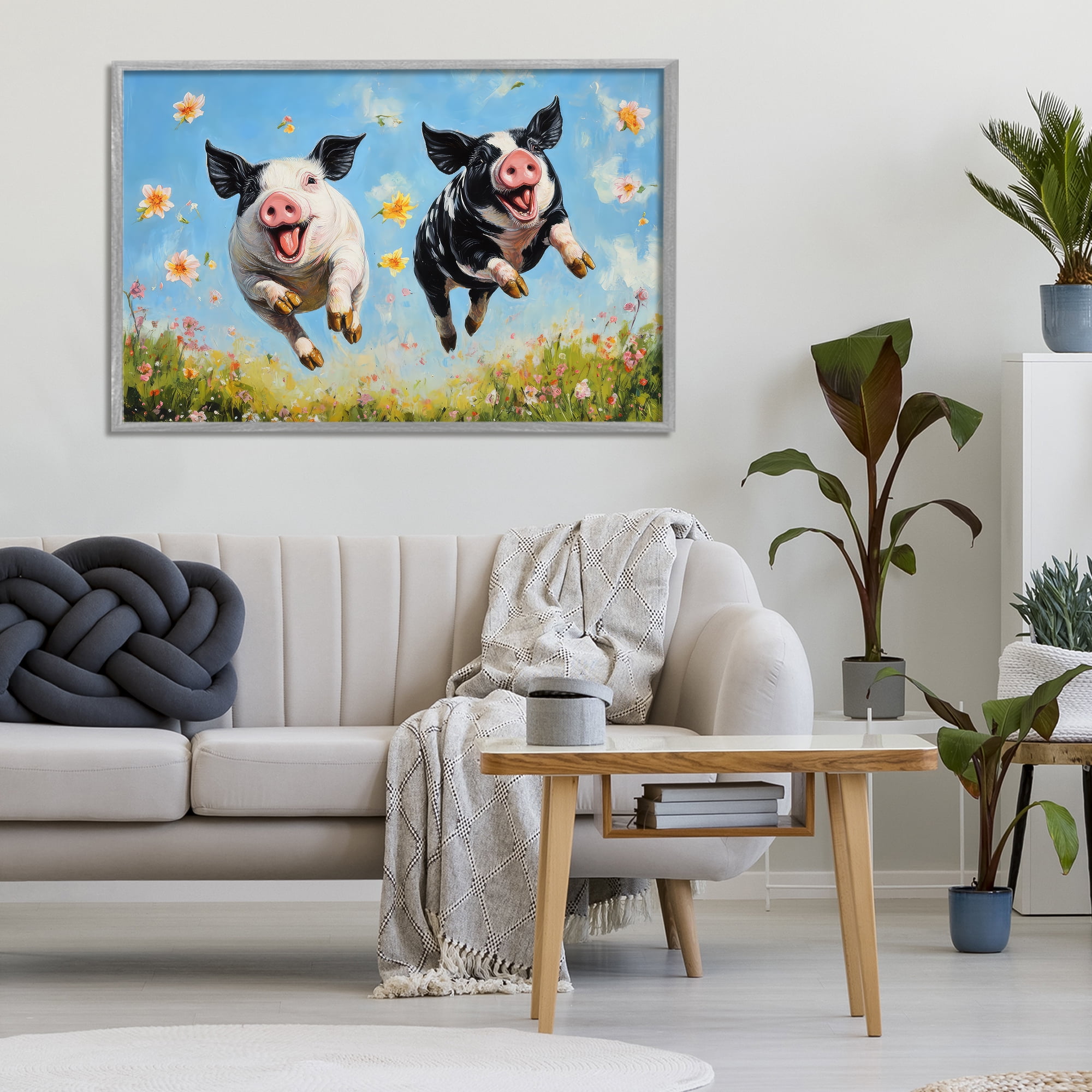 Stupell Industries Flying Pigs & Flowers Gray Framed Giclee Art, design by The Wands Want