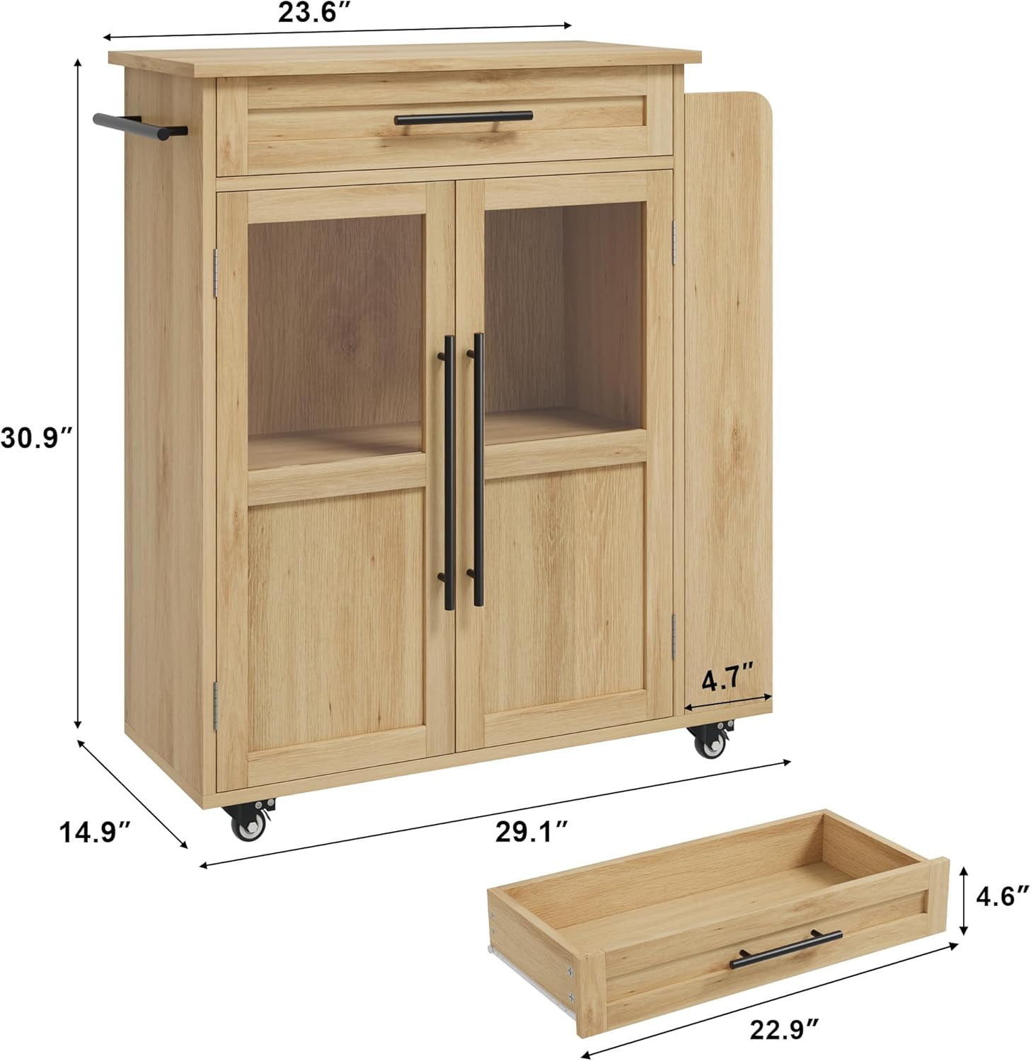 WALYWIK Rolling Wooden Kitchen Island with Drawer, Kitchen Cart with Storage Cabinet on Wheels, Thicker Wooden Top Portable Trolley Island with 3 Spice Rack for Kitchen, Dining Room, Natural Oak