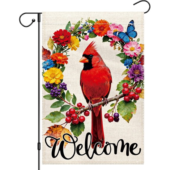 Welcome Cardinal Bird Garden Flag Double Sided Spring Summer Floral Small Burlap Yard Banner 12 x 18 Inch for Outdoor Farmhouse Decor