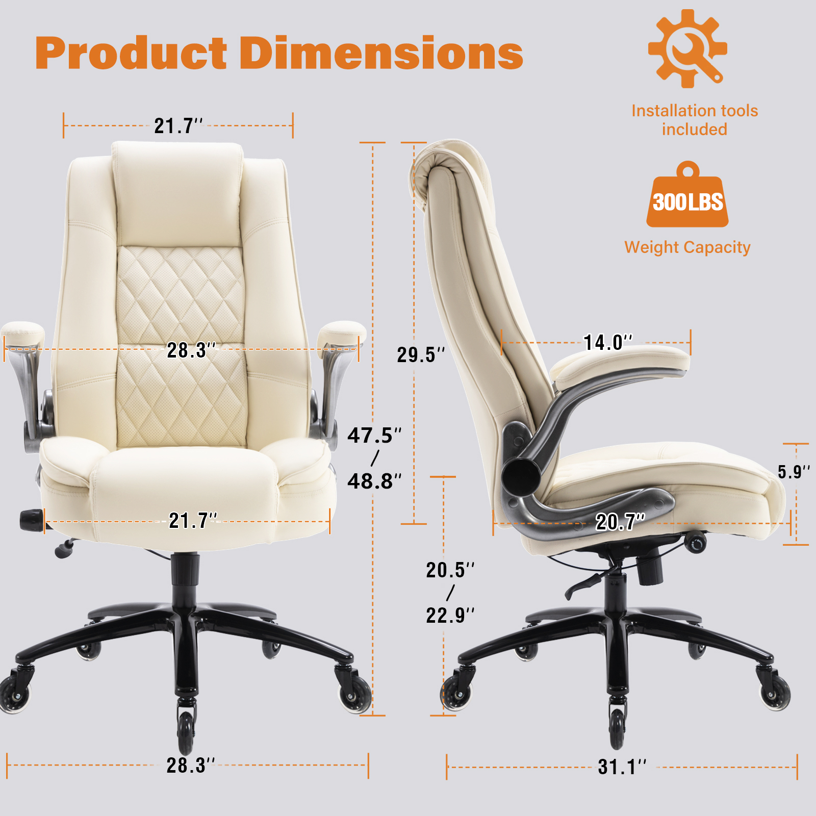 High Back Office Chair with Lumbar Support, Large Upholstered Executive Desk Chair, Faux Leather Computer Chair with Flip-up Arms, Rubber Wheels