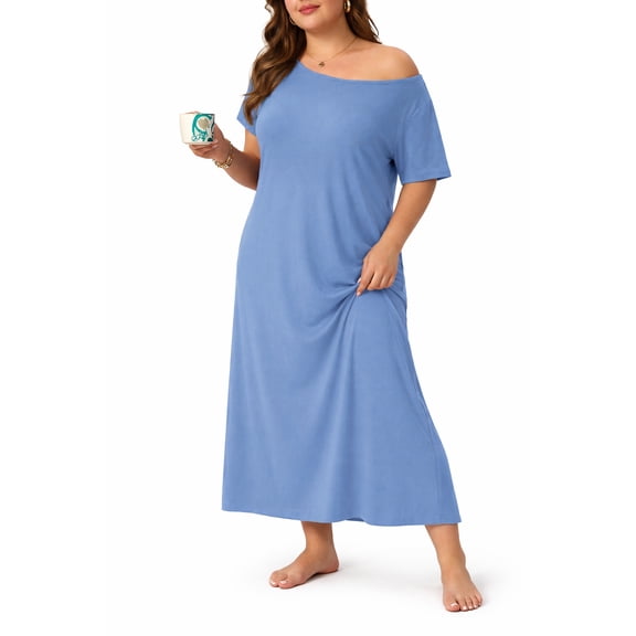 PINKSIR Womens Plus Size Nightgown Short Sleeve Lounge Dresse Casual Comfy with Pockets For Daily Wear Gray Blue 1X