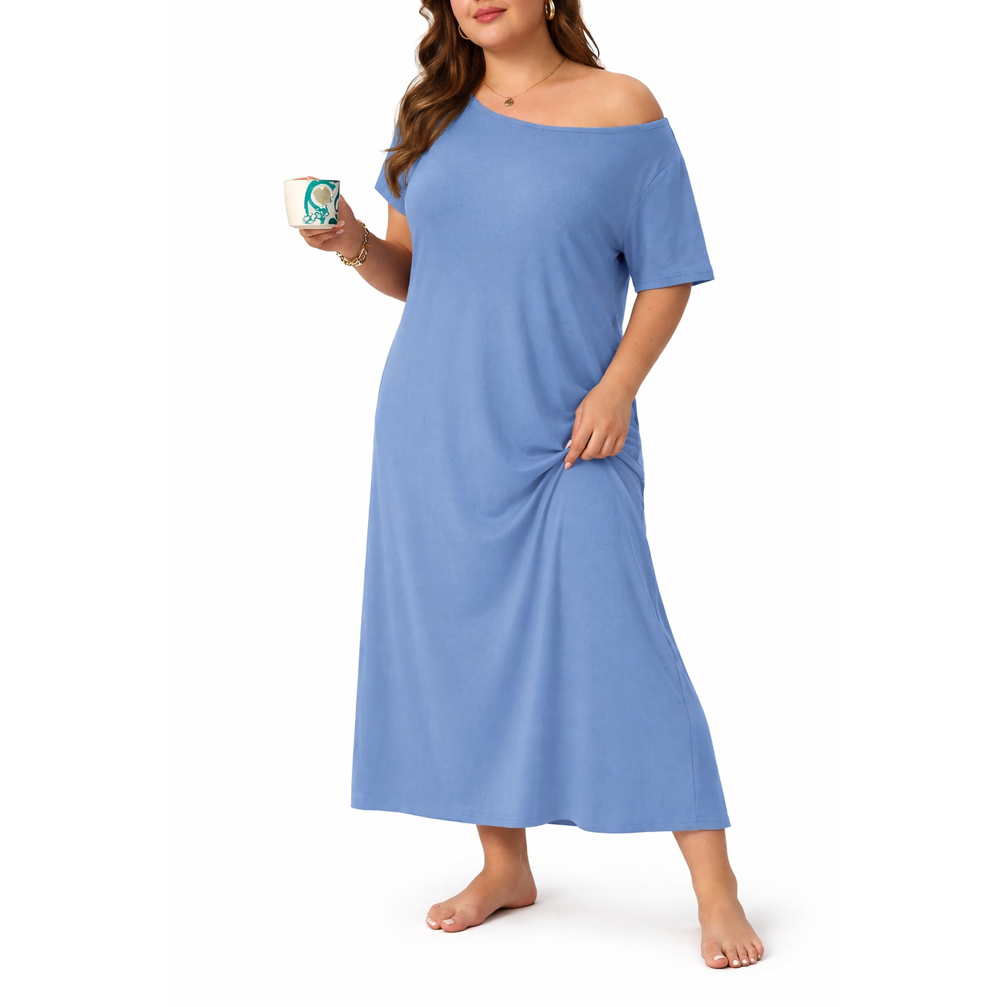 PINKSIR Womens Plus Size Nightgown Short Sleeve Lounge Dresse Casual Comfy with Pockets For Daily Wear Gray Blue 2X