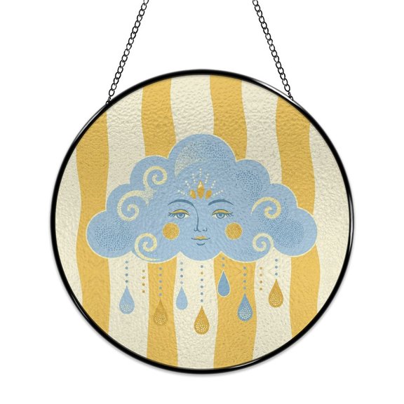 RKSupls Round Stained Glass Window Suncatcher, Rain Cloud Face Drops Ornament with Metal Hook & Chain, Solid Glass Indoor Wall Decor for Home Holiday