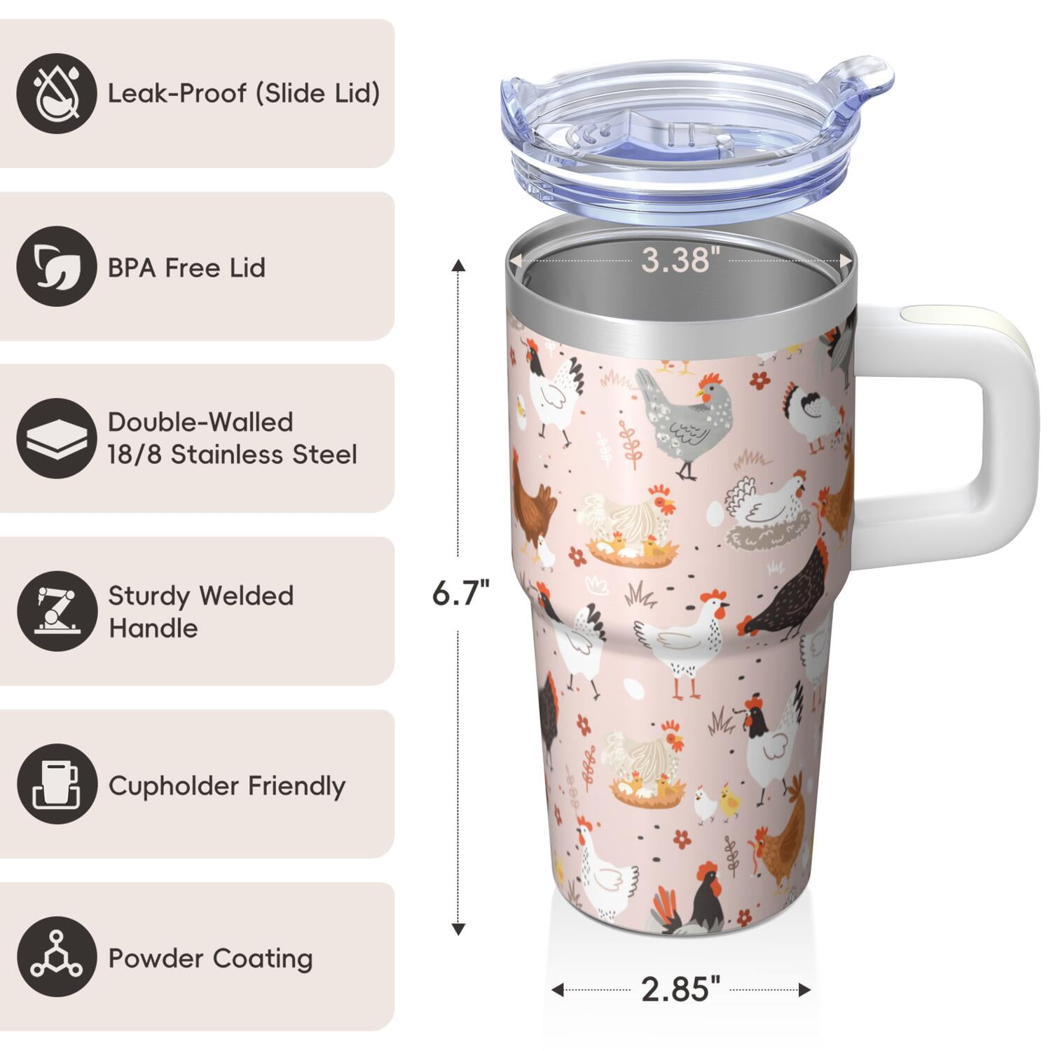 20oz Chicken Character Tumbler with Handle Classic Birthday Christmas Gift for Chicken Fans Women Men Insulated Travel Mug Fits Car Cup Holders Comfortable Grip Durable Material Daily Hydration
