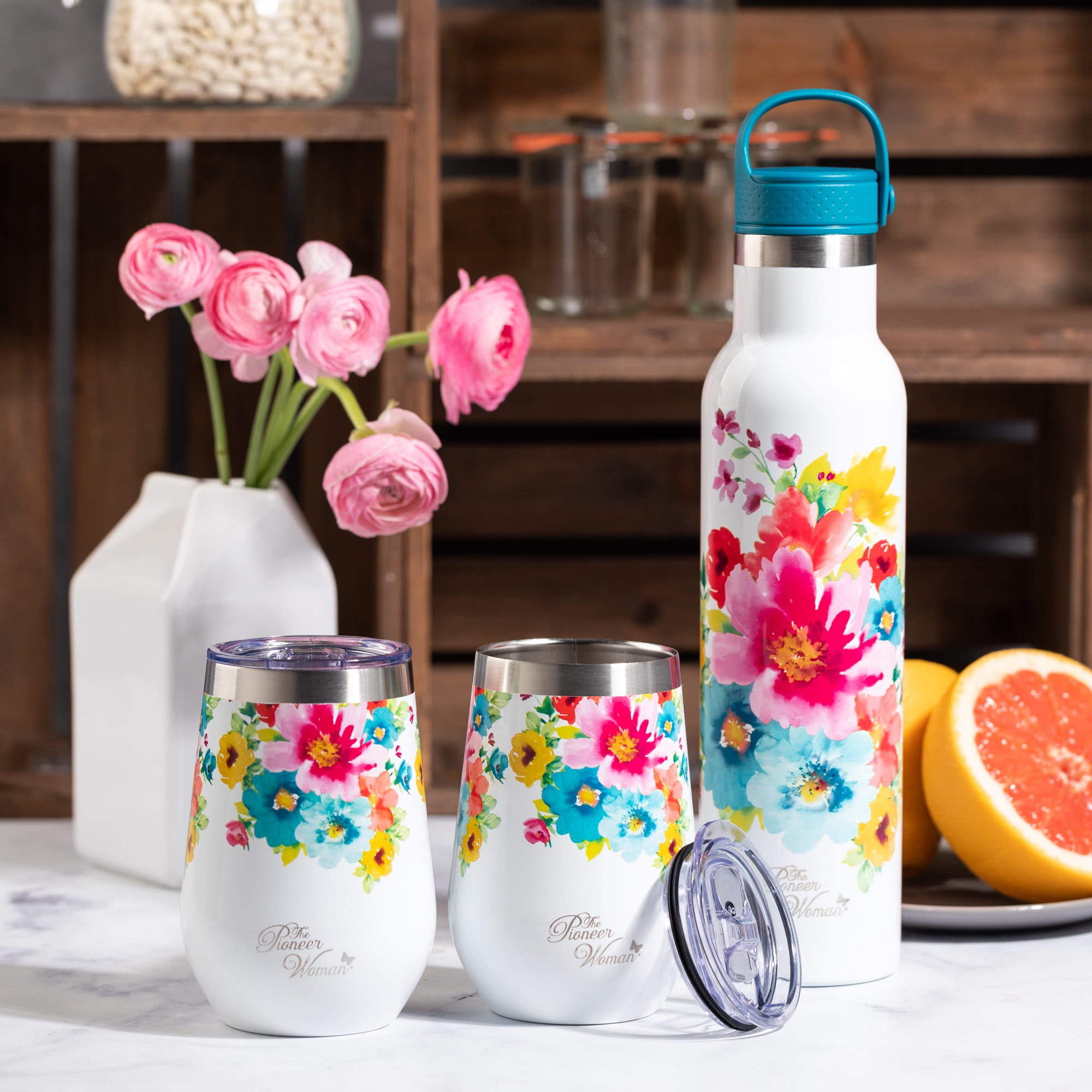 The Pioneer Woman Stainless Steel Tumbler 25 fl oz, Floral, with 2 Wine Tumblers