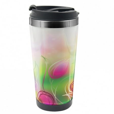 

Flower Travel Mug Tulips Urban Graphic Steel Thermal Cup 16 oz by Ambesonne