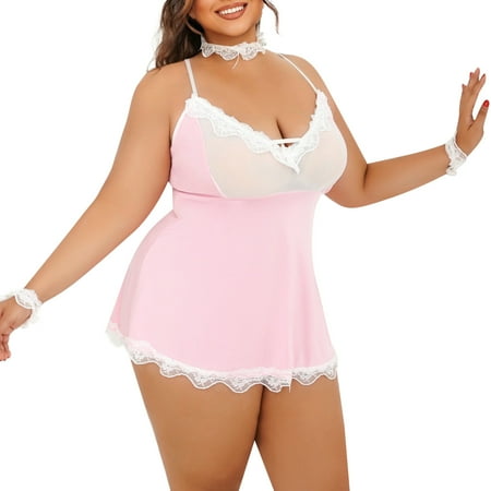 Blphud Honeymoon Essentials Lace Robes for Women Lingerie Womens plus Size Lingerie Lace Chemise Sexy Mesh Sleepwear Deep V Teddy Nightdress for Sexy Lace Bra Pink M