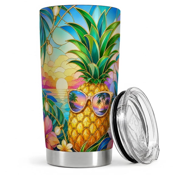 Pineapple Sunglasses Beach 20oz Tumbler, Pineapple Summer Tumbler, Travel Drinkware for Trips, Stained Glass Sunset Art, Tropical Palm Hibiscus Decor, Coastal Men Women Island Lovers