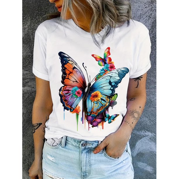 Vibrant Floral Butterfly Print T-Shirt - Soft Short Sleeve Crew Neck Top for Women - Perfect for SumCamisetas para mujer, lindas camisetas con estampado gráfico, de manga corta, estilo casual, para ve