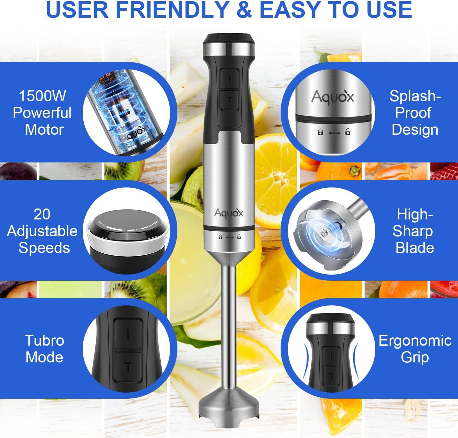 Immersion Blender 5 in 1 Handheld Blender 1500W with Turbo Boost, 20 Speed Modes for Soup, Sauce, Baby Food