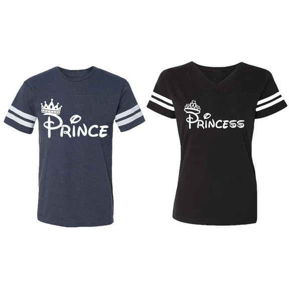 Fashion Prince Princess Matching Couple Cotton Jerseys (Men Navy / Women Black) (Men S / Women S)