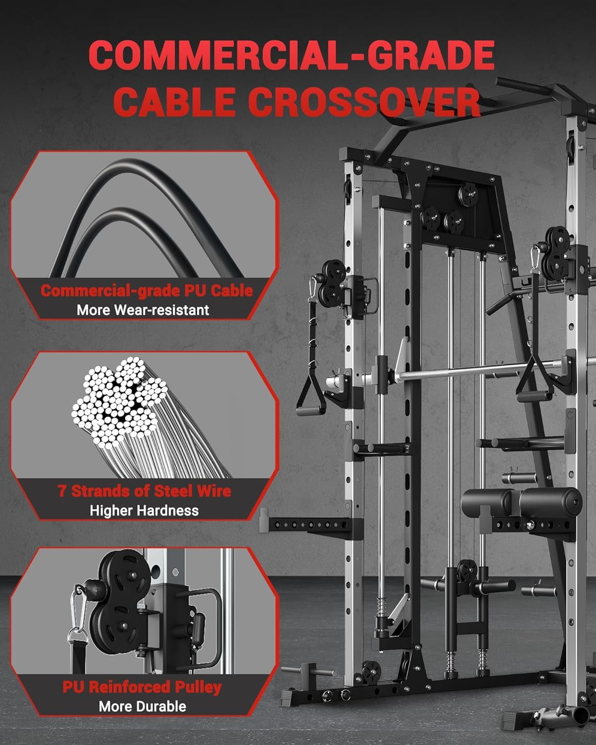JoanKaren Pro Smith Machine Home Gym,2200 lbs Squat Rack Power Cage Workout Equipmen with Cable Crossover for Full Body Strength Training,Black