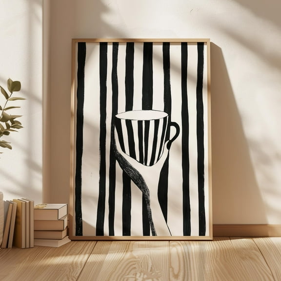 Minimalist Black And White Art Print, Striped Coffee Cup Modern, Unique Home Art, Monochrome Kitchen Artwork Gift Wall Art, Modern Wall Decor, 8x12 UNFRAMED