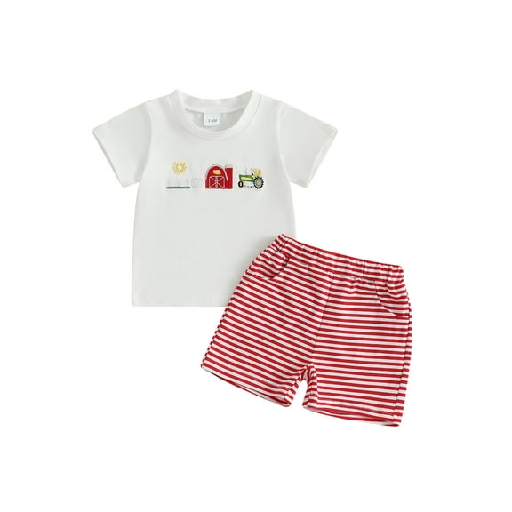Txlixc Toddler Boy Summer Outfit Sun Embroidery Short Sleeve Round Neck T-Shirt Stripe Shorts 2Pcs Set