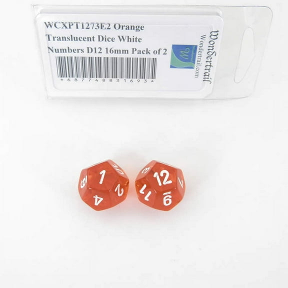 Orange Translucent Dice with White Numbers D12 Aprox 16mm (5/8in) Pack of 2 Wondertrail